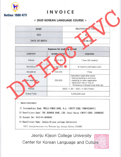 Invoice Trường cao đẳng Jeonju Kijeon
